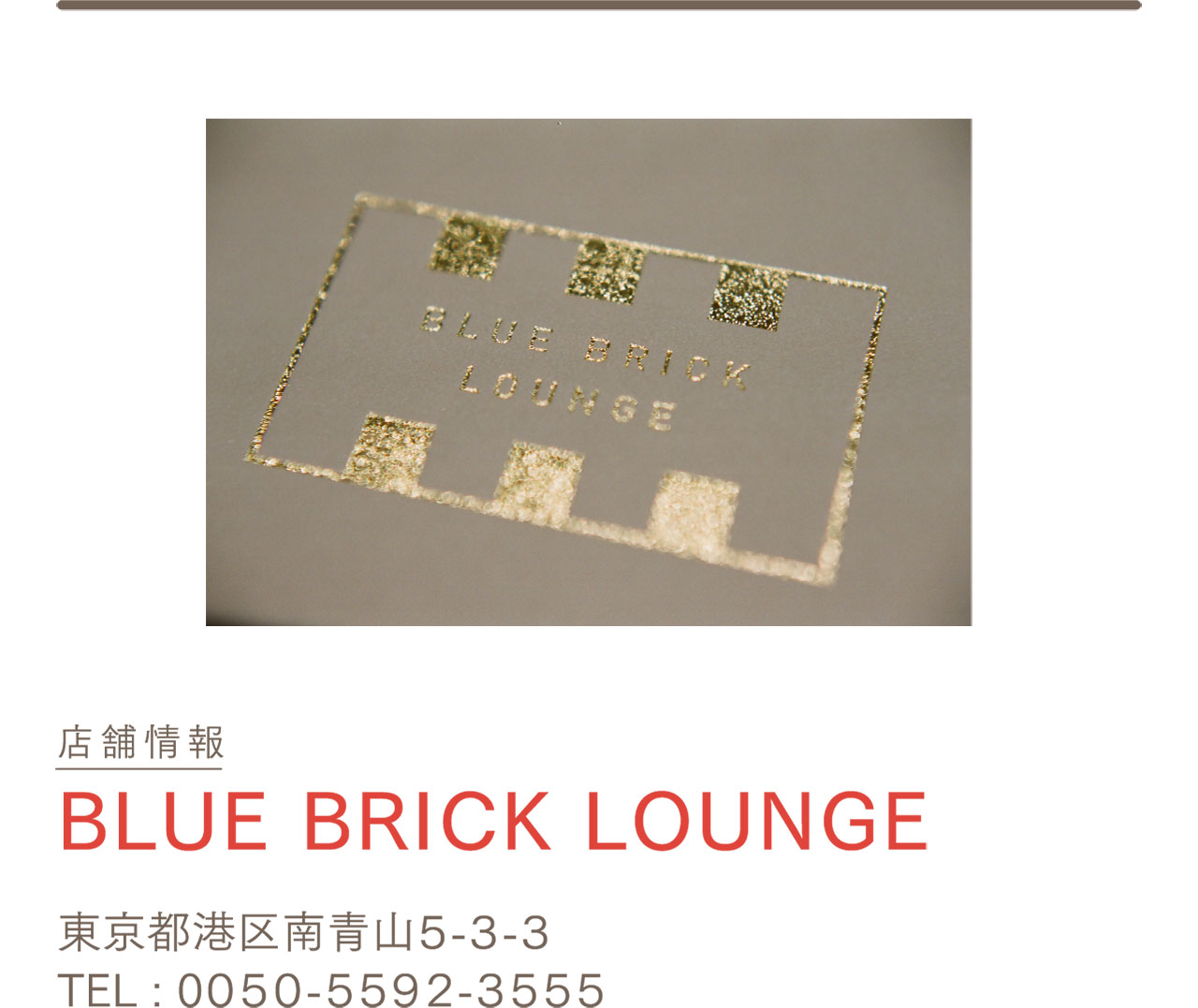 店舗情報：BLUE BRICK LOUNGE / 東京都南青山5-3-3 / TEL：050-5592-3555